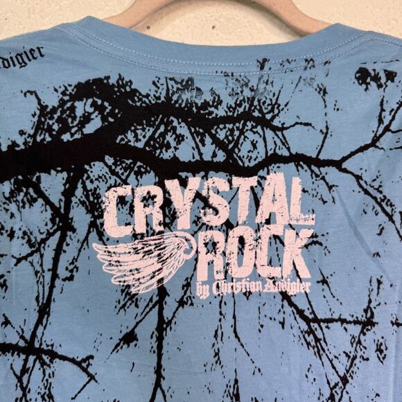 Christian Audigier Crystal Rock Top Womens Large Crane Blossom Y2K Tunic Shirt - Picture 9 of 13